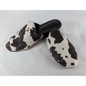 Cow Print Calf Hair Mules Black White Western Spotted Slip On Flat Slides Size 7